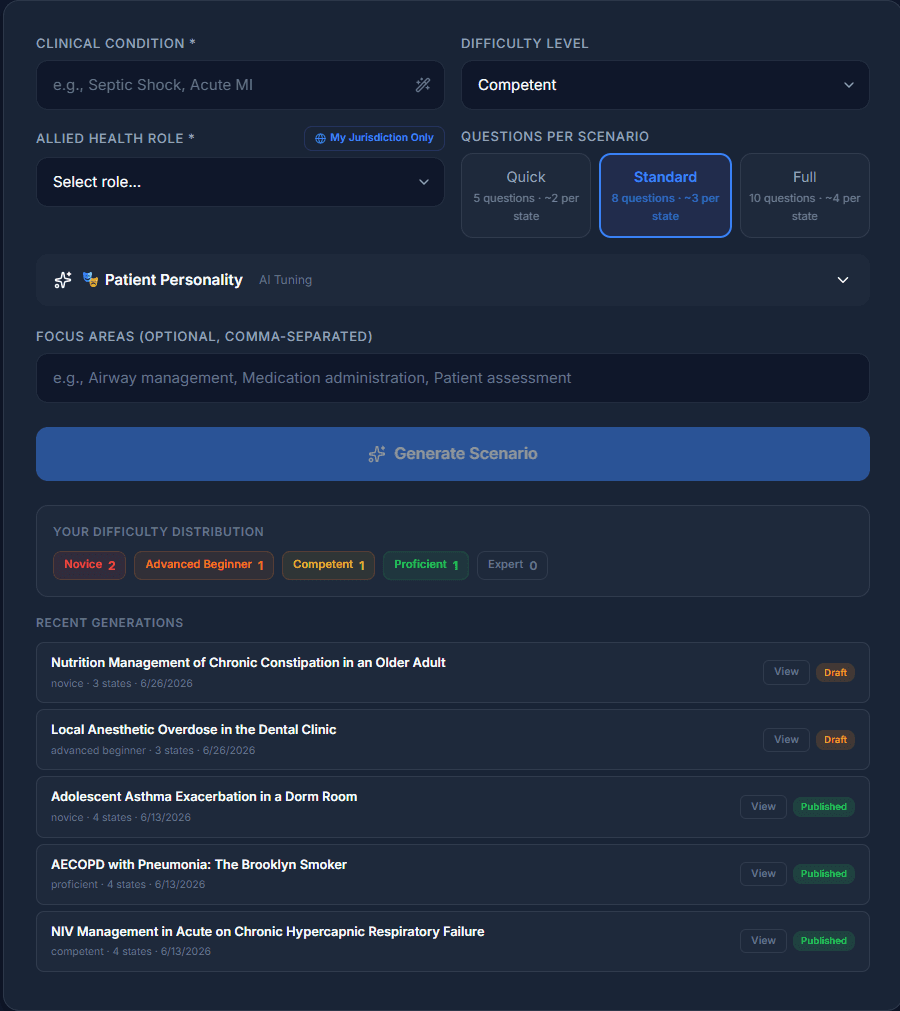 SimMedAi AI Scenario Generator — author a role- and jurisdiction-scoped clinical scenario with difficulty and patient personality