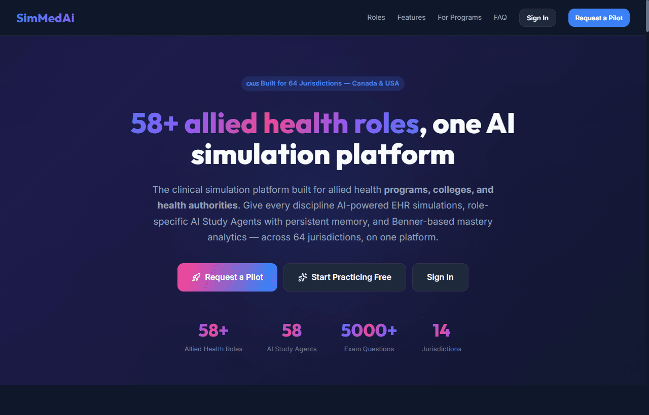 SimMedAi platform covering allied health professions across 64 jurisdictions on one AI simulation platform