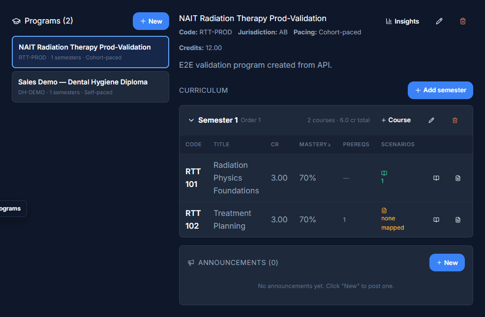 SimMedAi curriculum builder — Programs, semesters, and courses with mastery thresholds and mapped scenarios