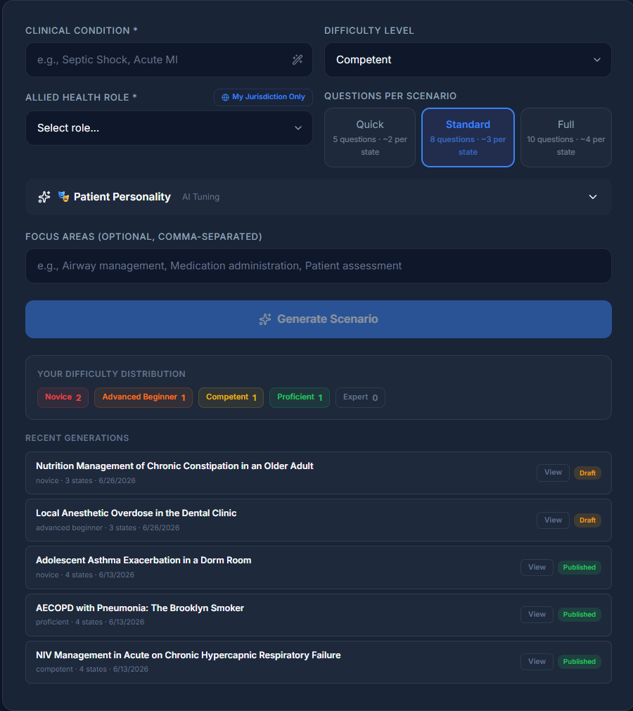 SimMedAi AI Scenario Generator — author a role- and jurisdiction-scoped clinical scenario with difficulty and patient personality