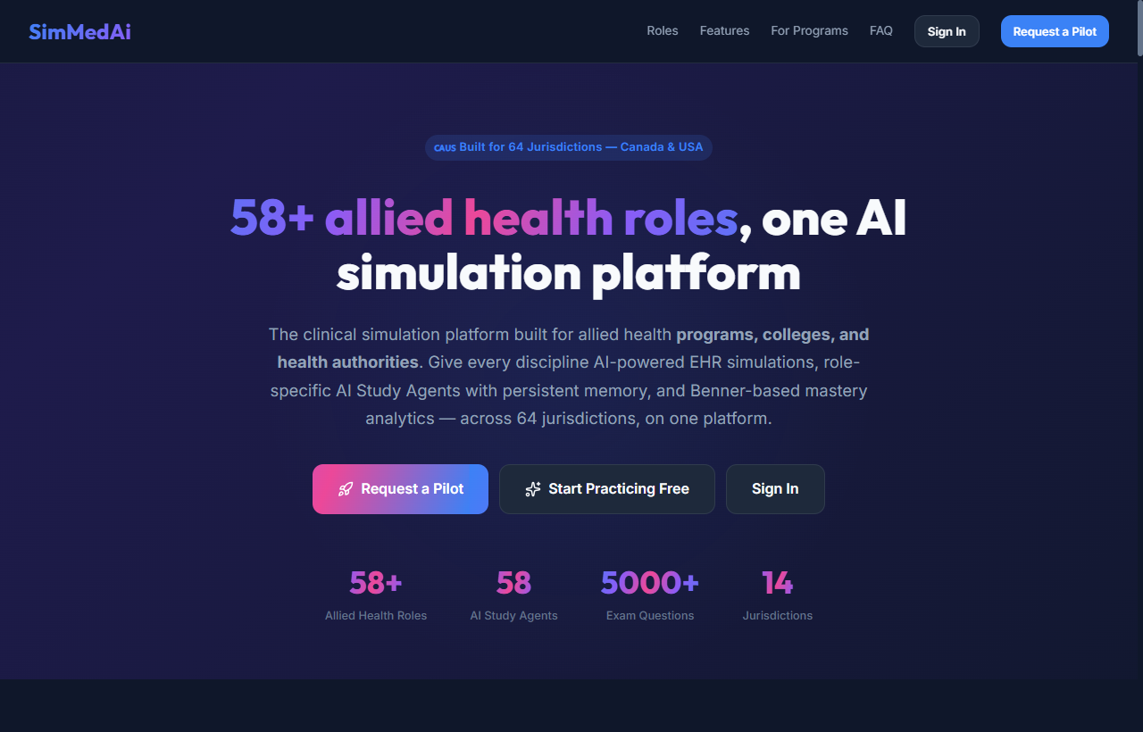 SimMedAi platform covering allied health professions across 64 jurisdictions on one AI simulation platform